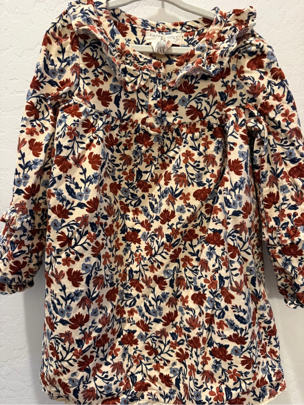 Girls Floral Ruffle Dress - Cream, Rust & Blue